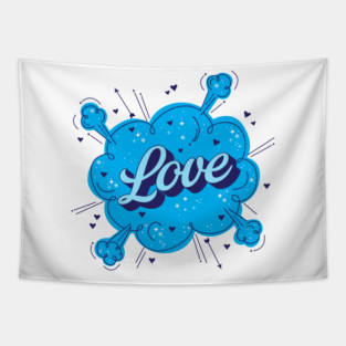 A vibrant blue cloud with the word Love written in cursive script surrounded by hearts and stars on a black background Tapestry