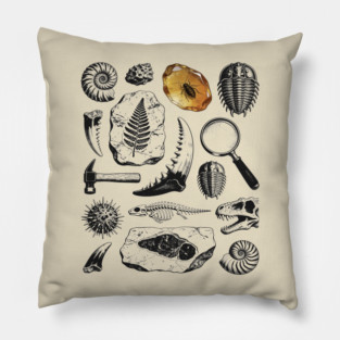 Vintage Fossil Hunter Chart - Paleontology Engraving Pillow