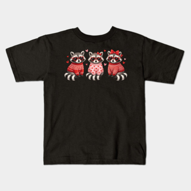 Three Raccoons Heart Sunglasses Valentine's Day Lover Kids T-Shirt by ArtistTee ⭐⭐⭐⭐⭐