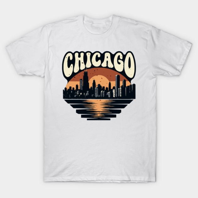 Chicago Skyline Retro Sunset: Vintage Willis Tower T-Shirt by Pixel Threads 