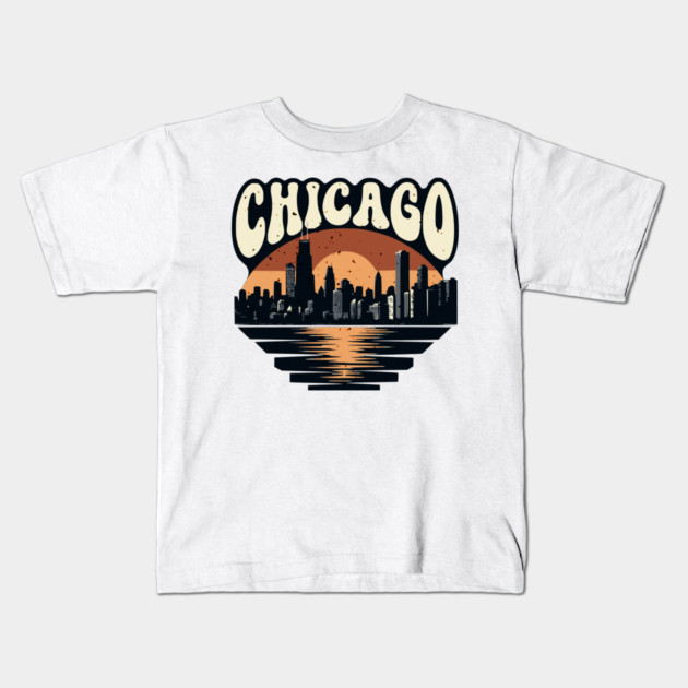 Chicago Skyline Retro Sunset: Vintage Willis Tower Kids T-Shirt by Pixel Threads 
