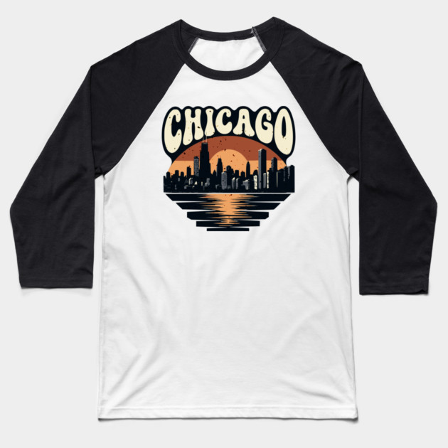 Chicago Skyline Retro Sunset: Vintage Willis Tower Baseball T-Shirt by Pixel Threads 
