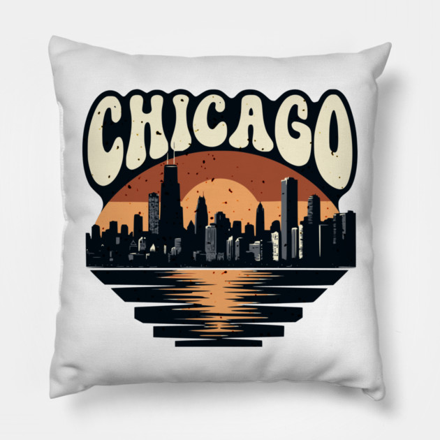 Chicago Skyline Retro Sunset: Vintage Willis Tower Pillow by Pixel Threads 