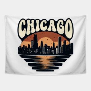 Chicago Skyline Retro Sunset: Vintage Willis Tower Tapestry
