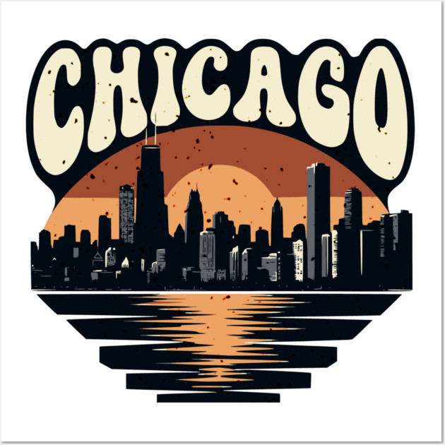 Chicago Skyline Retro Sunset: Vintage Willis Tower Wall Art by Pixel Threads 