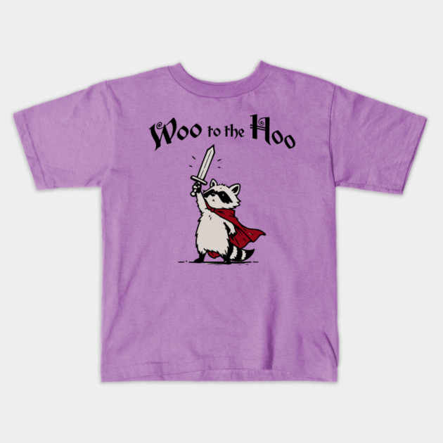 Cute Raccoon Knight Proclaims "Woo to the Hoo!" cheer Kids T-Shirt by Luxinda