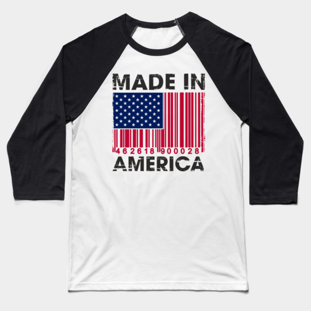 Made in America Barcode Flag Patriotic Humor Baseball T-Shirt by Anticorporati