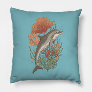 Dynamic Bottlenose Dolphin Coral Art Pillow