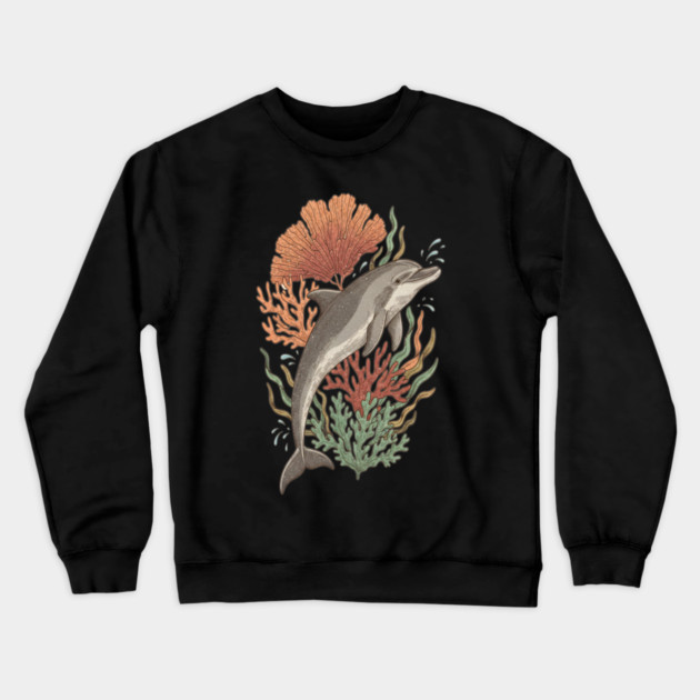 Dynamic Bottlenose Dolphin Coral Art Crewneck Sweatshirt by BirdsnStuff