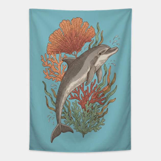 Dynamic Bottlenose Dolphin Coral Art Tapestry by BirdsnStuff