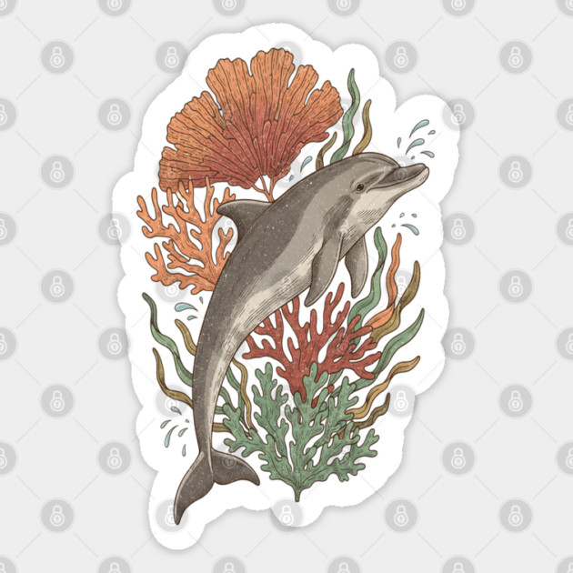 Dynamic Bottlenose Dolphin Coral Art Sticker by BirdsnStuff
