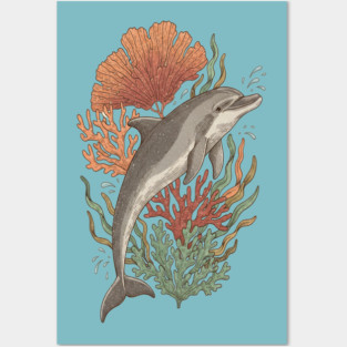 Dynamic Bottlenose Dolphin Coral Art Posters and Art