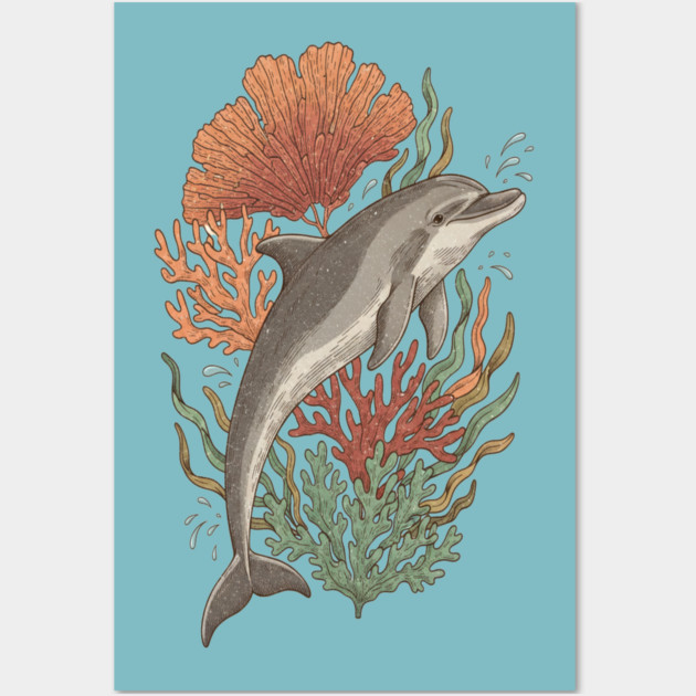Dynamic Bottlenose Dolphin Coral Art Wall Art by BirdsnStuff