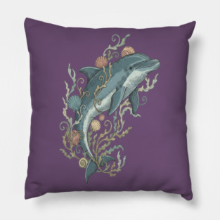 Nautical Bottlenose Dolphin and Seashells Pillow