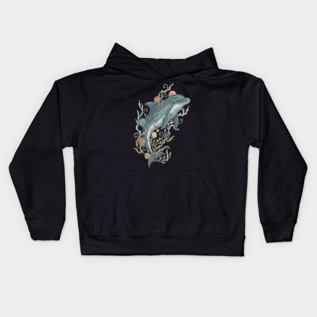 Nautical Bottlenose Dolphin and Seashells Kids Hoodie by BirdsnStuff