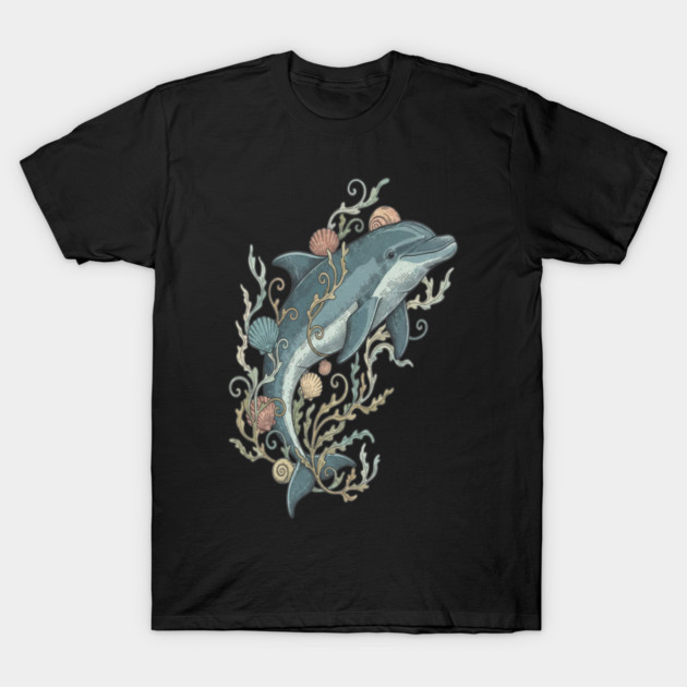 Nautical Bottlenose Dolphin and Seashells T-Shirt by BirdsnStuff