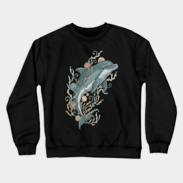 Nautical Bottlenose Dolphin and Seashells Crewneck Sweatshirt by BirdsnStuff