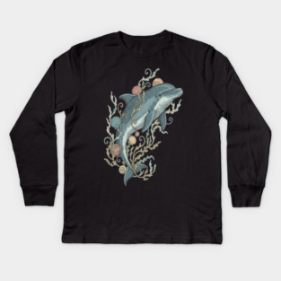 Nautical Bottlenose Dolphin and Seashells Kids Long Sleeve T-Shirt