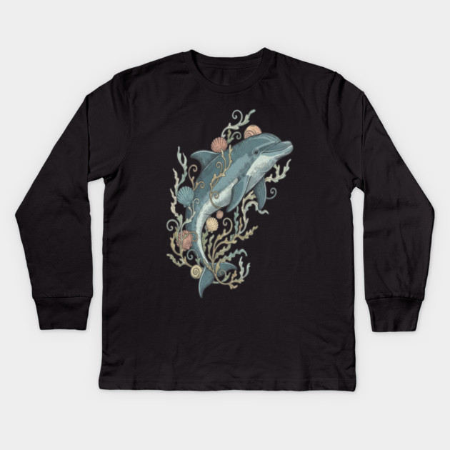 Nautical Bottlenose Dolphin and Seashells Kids Long Sleeve T-Shirt by BirdsnStuff