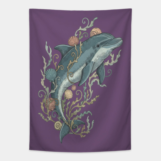Nautical Bottlenose Dolphin and Seashells Tapestry by BirdsnStuff