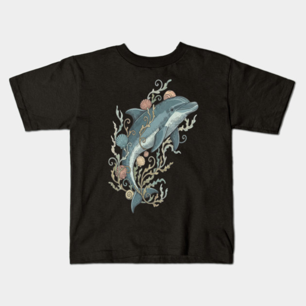 Nautical Bottlenose Dolphin and Seashells Kids T-Shirt by BirdsnStuff