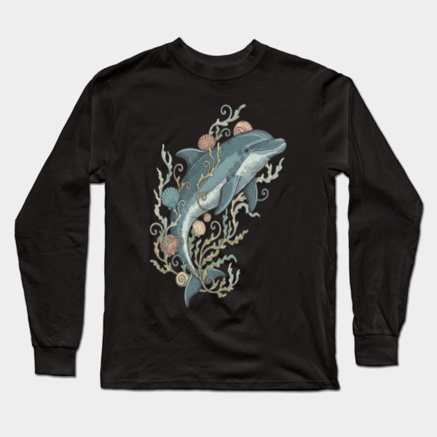 Nautical Bottlenose Dolphin and Seashells Long Sleeve T-Shirt by BirdsnStuff
