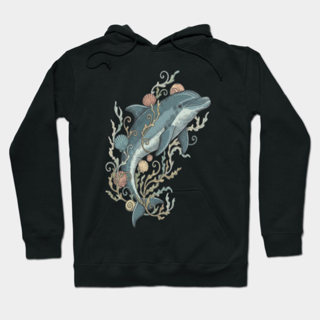 Nautical Bottlenose Dolphin and Seashells Hoodie by BirdsnStuff