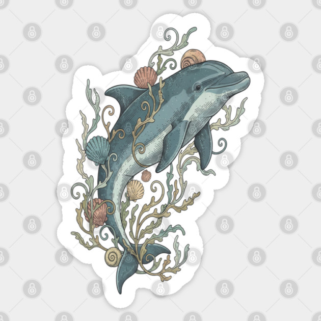 Nautical Bottlenose Dolphin and Seashells Sticker by BirdsnStuff