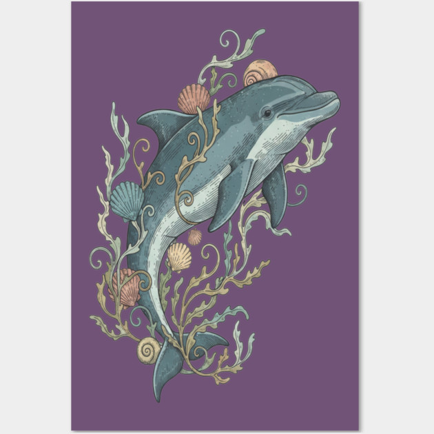 Nautical Bottlenose Dolphin and Seashells Wall Art by BirdsnStuff