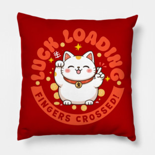 Luck Loading Fortune Cat Fingers Crossed Cute Good Luck Pun with Positive Vibes Pillow
