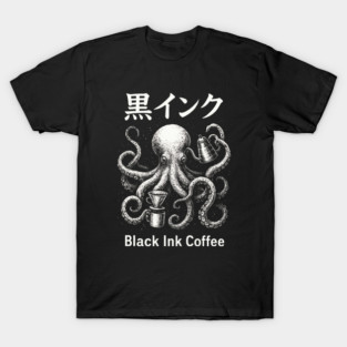 Black Ink Coffee Octopus – Japanese Engraving Style T-Shirt
