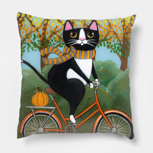 Tuxedo Cat Autumn Bicycle Ride Pillow