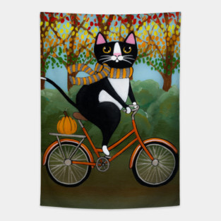 Tuxedo Cat Autumn Bicycle Ride Tapestry