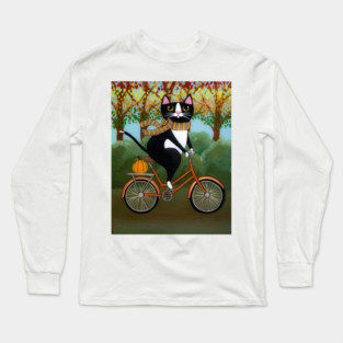 Tuxedo Cat Autumn Bicycle Ride Long Sleeve T-Shirt