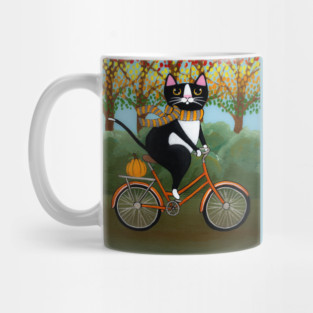 Tuxedo Cat Autumn Bicycle Ride Mug