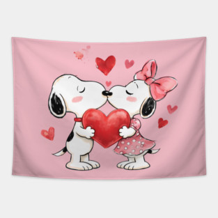 Snoopy Kiss With Cute Heart Awesome Snoopy Love Couple Illustration Tapestry