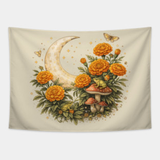Fairycore October Birth Flower Marigold – Botanical Illustration Tapestry