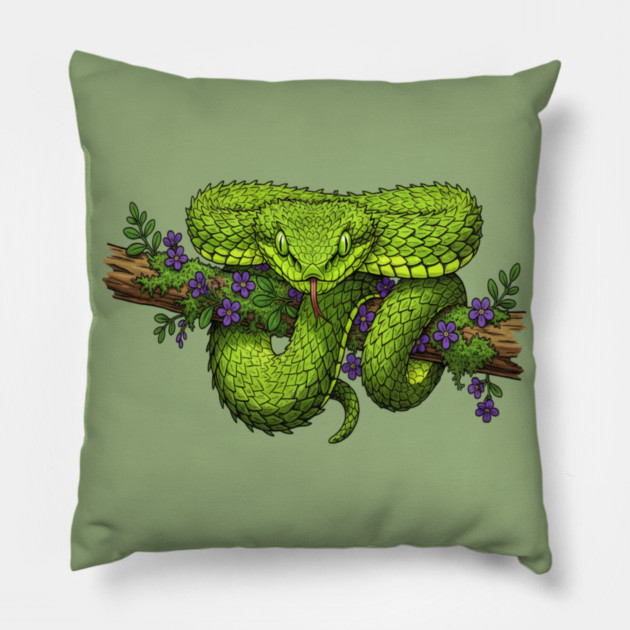 Bush Viper With Purple Flowers Pillow by BirdsnStuff