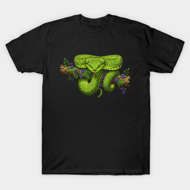 Bush Viper With Purple Flowers T-Shirt by BirdsnStuff