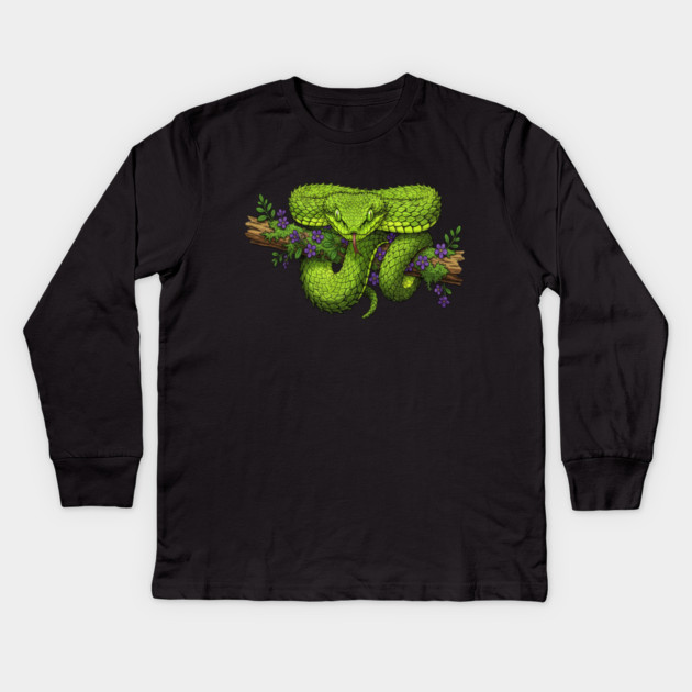 Bush Viper With Purple Flowers Kids Long Sleeve T-Shirt by BirdsnStuff