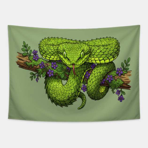 Bush Viper With Purple Flowers Tapestry by BirdsnStuff