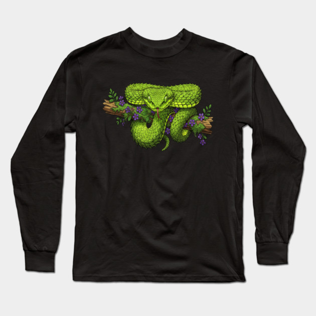 Bush Viper With Purple Flowers Long Sleeve T-Shirt by BirdsnStuff