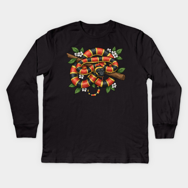 Coral Snake in Blooming Forest Kids Long Sleeve T-Shirt by BirdsnStuff