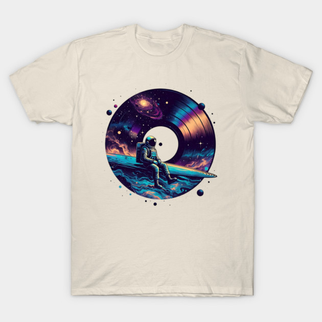 Cosmic Sound: Astronaut Voyage across Galaxy and Vinyl Music T-Shirt by Pixel Threads 