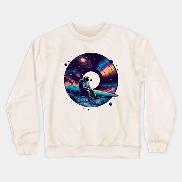 Cosmic Sound: Astronaut Voyage across Galaxy and Vinyl Music Crewneck Sweatshirt by Pixel Threads 