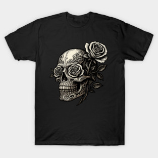 Rose-Eyed Skull – Ornate Gothic Floral T-Shirt