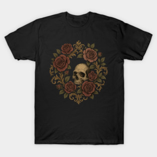 Skull and Roses Wreath – Ornate Gothic Floral T-Shirt