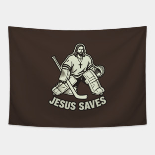 Jesus-Saves-Hockey-Goalie Tapestry