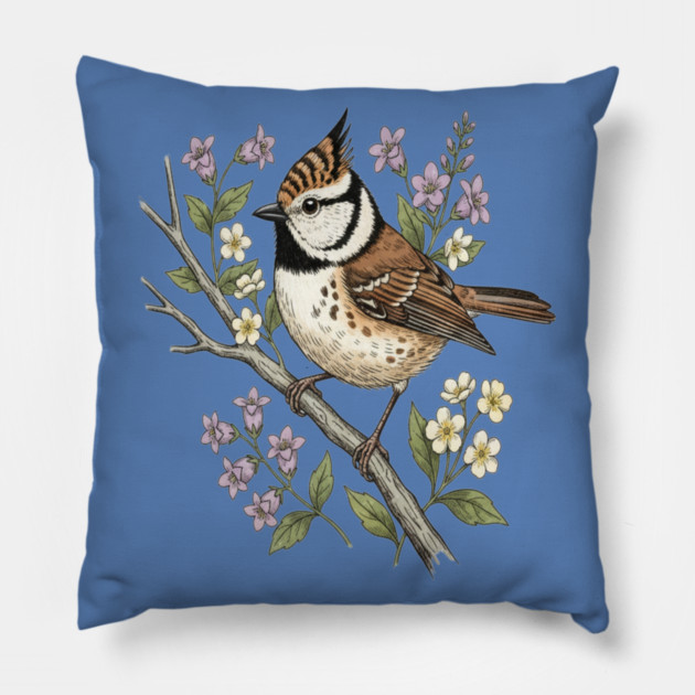 Vintage Crested Tit Botanical Scene Pillow by BirdsnStuff