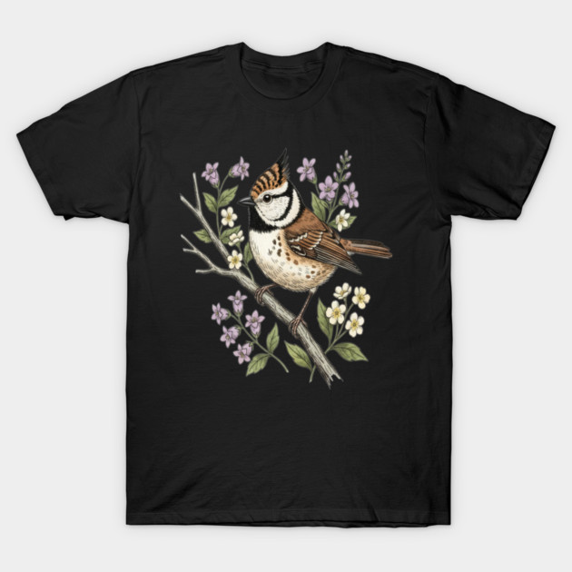 Vintage Crested Tit Botanical Scene T-Shirt by BirdsnStuff